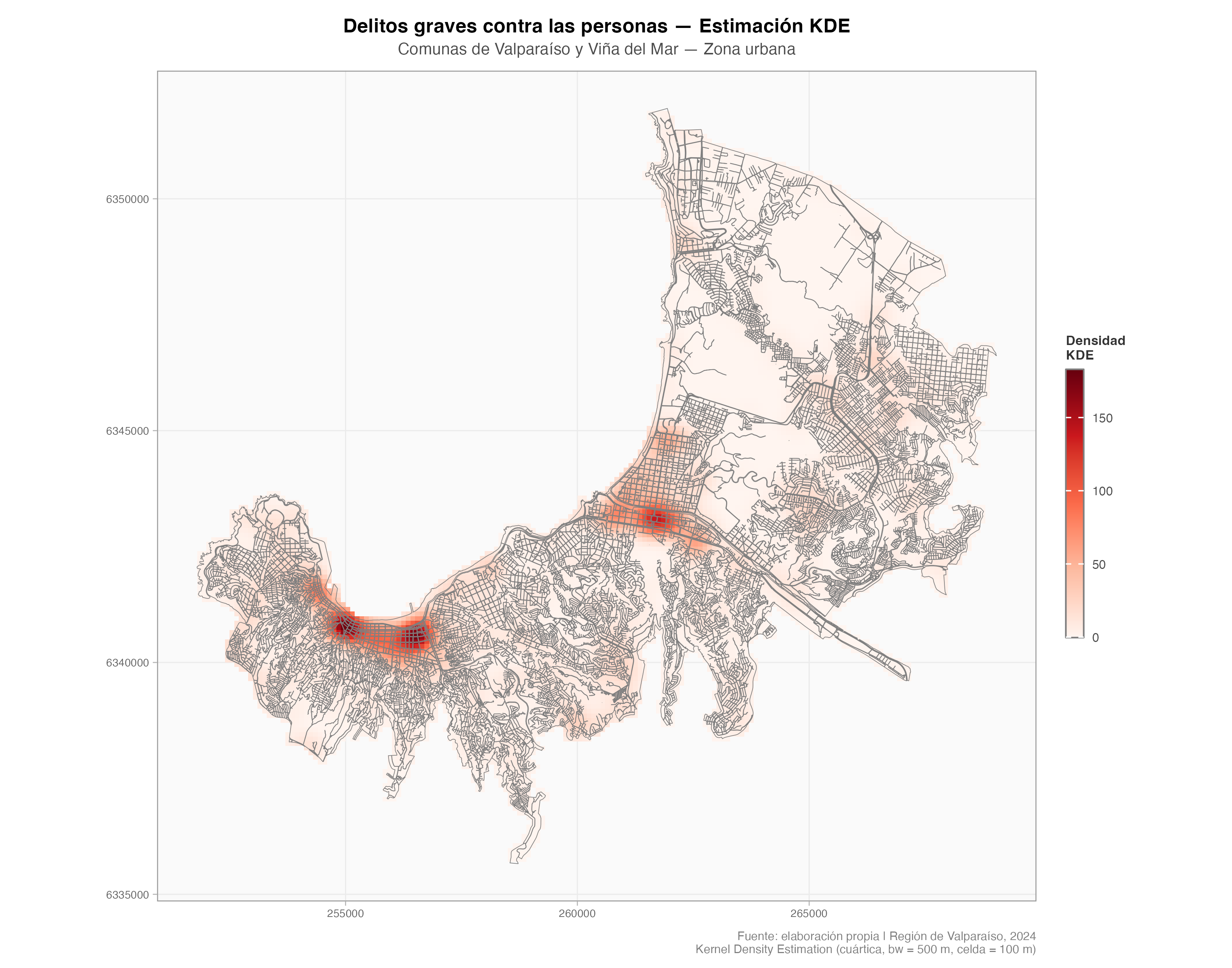 Mapa de densidad KDE para delitos graves contra personas