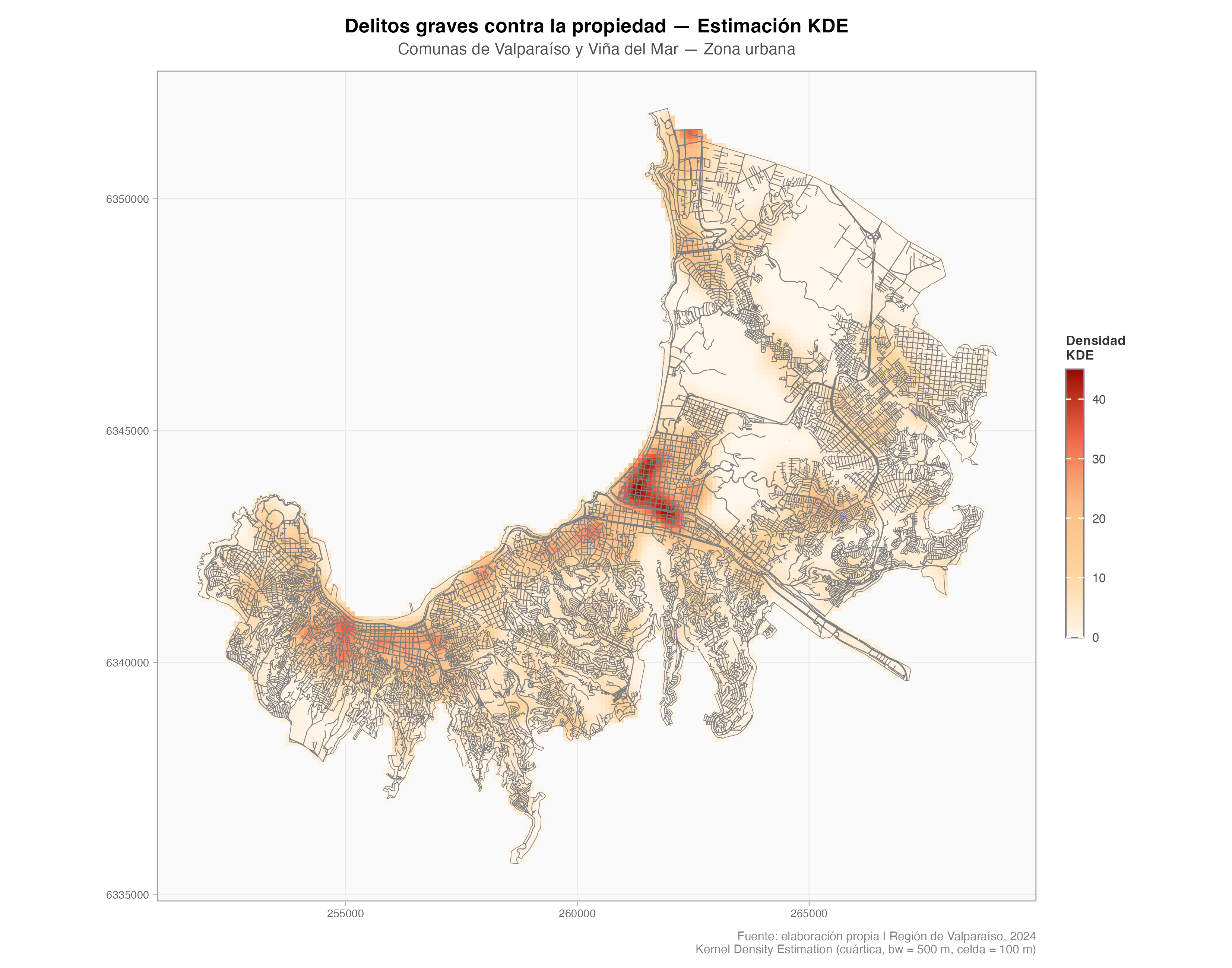 Mapa de densidad KDE para delitos graves contra la propiedad