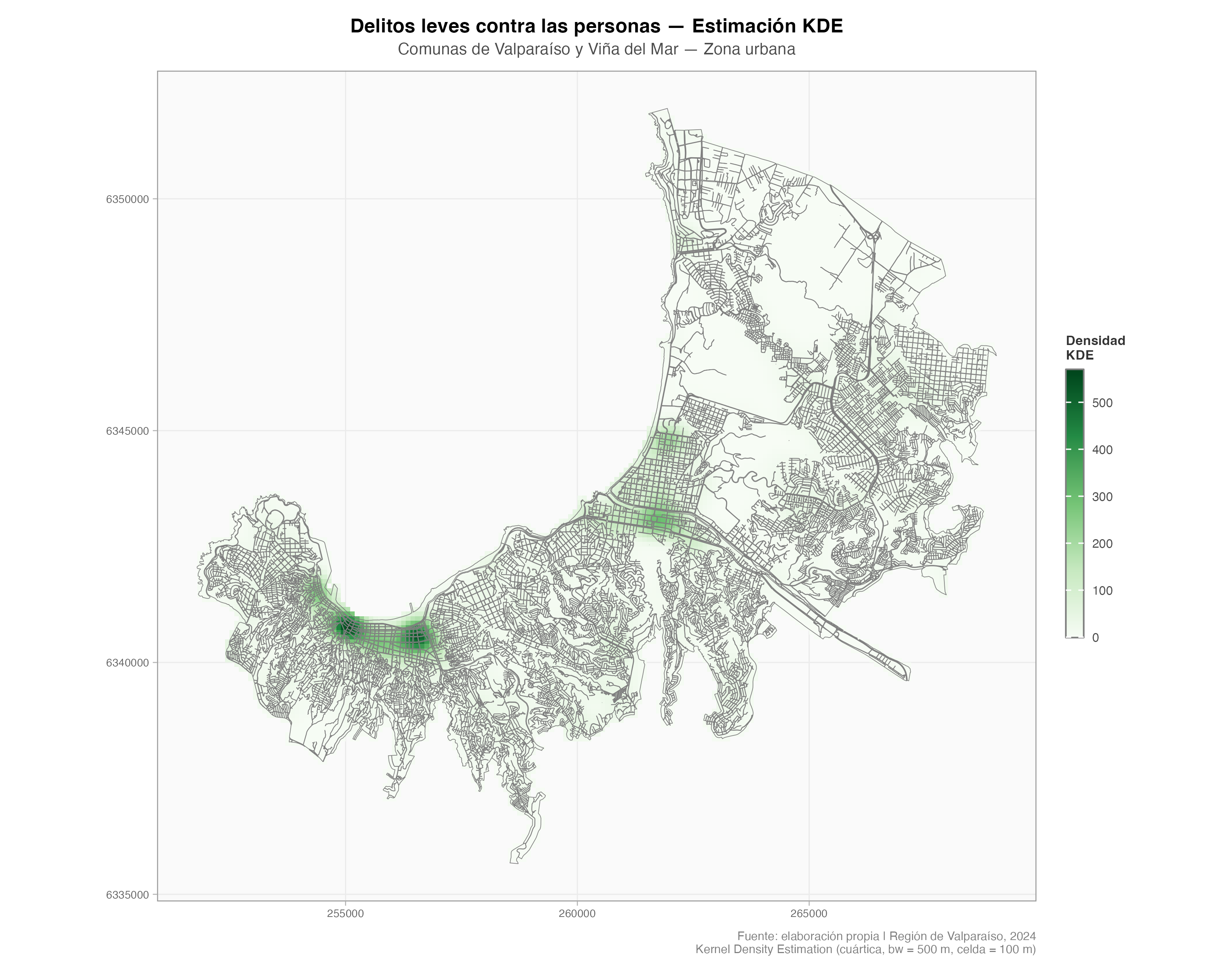 Mapa de densidad KDE para delitos leves contra personas