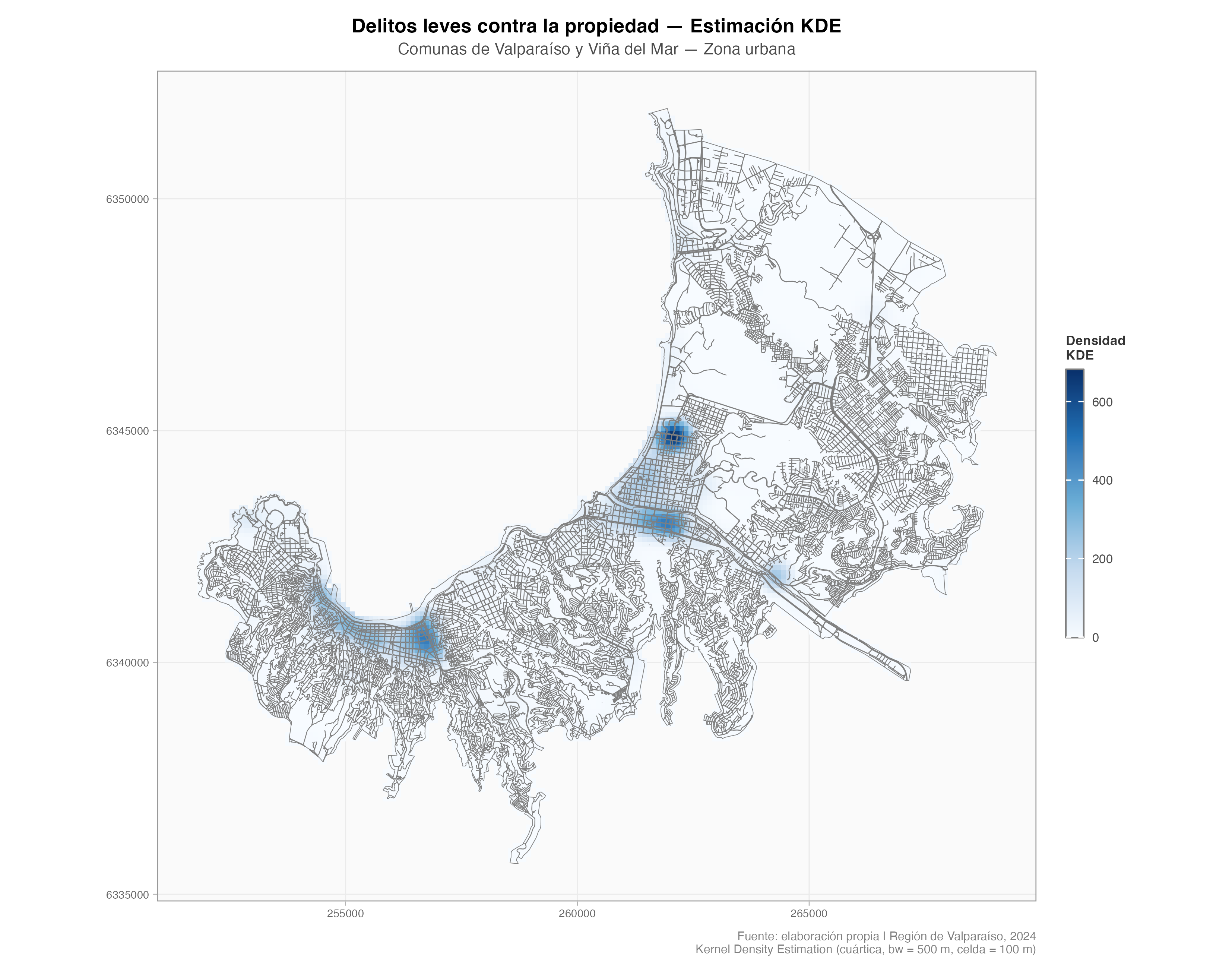 Mapa de densidad KDE para delitos leves contra la propiedad